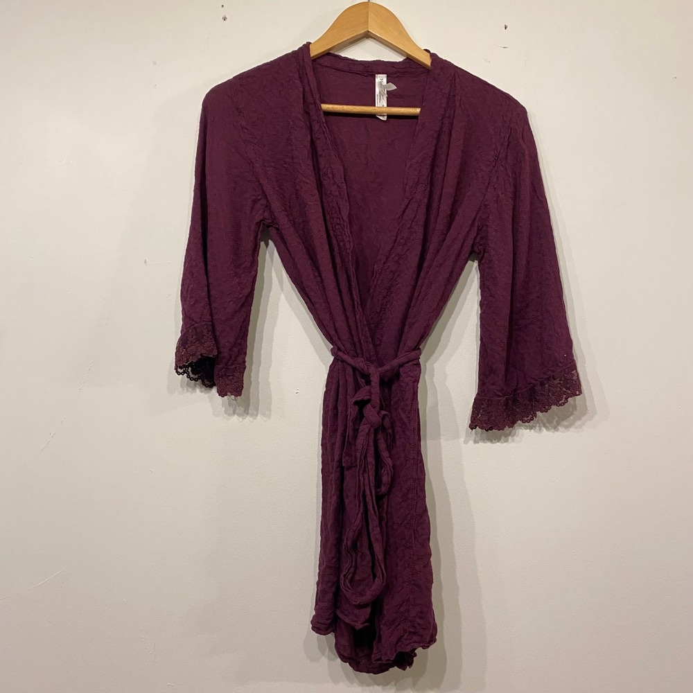 Flora Nikrooz Plum Purple Textured Lace Trim Wrap Fairy Robe Top XS